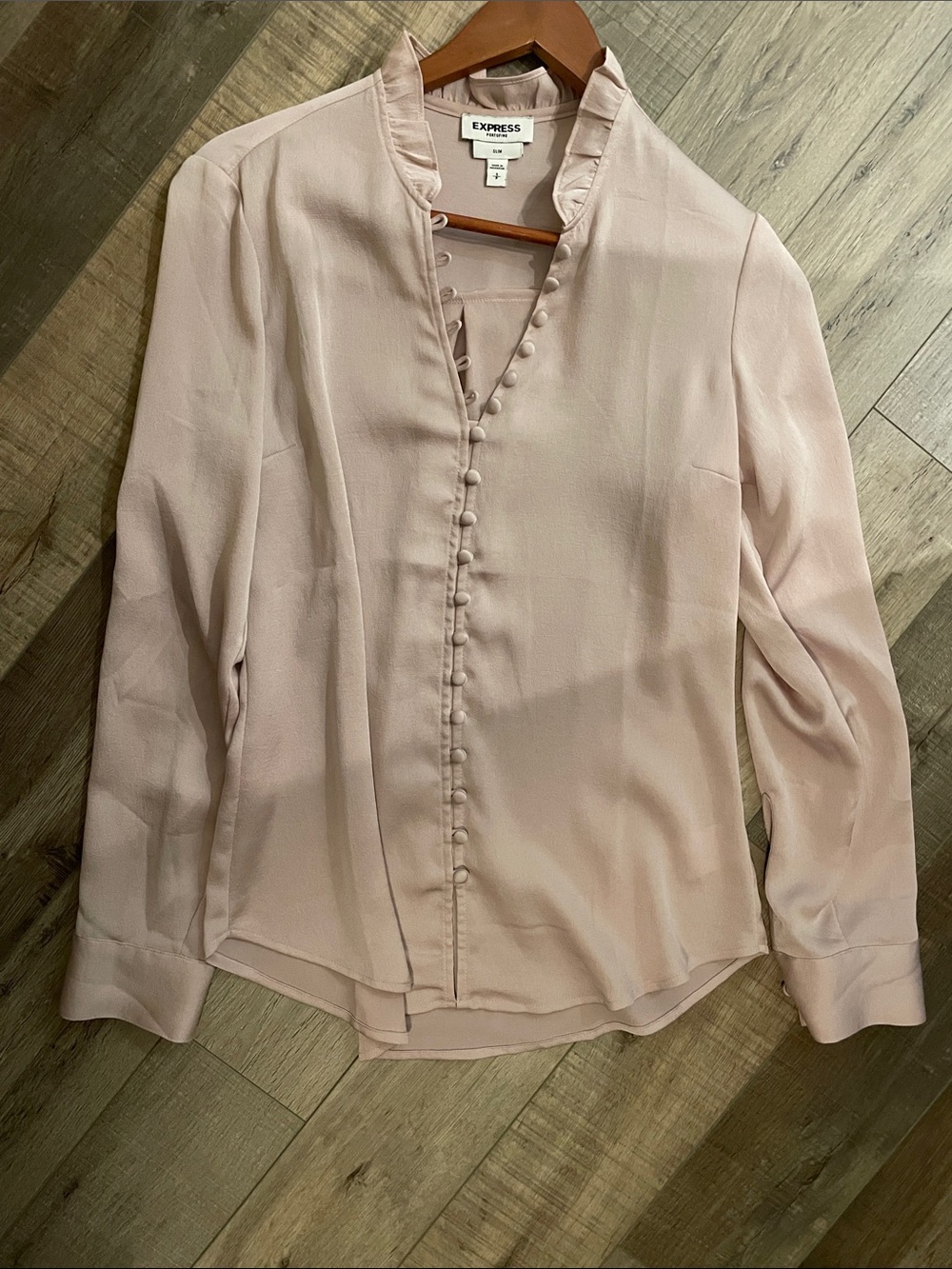 Express Light Blush Button-Front Ruffle Trim Blouse